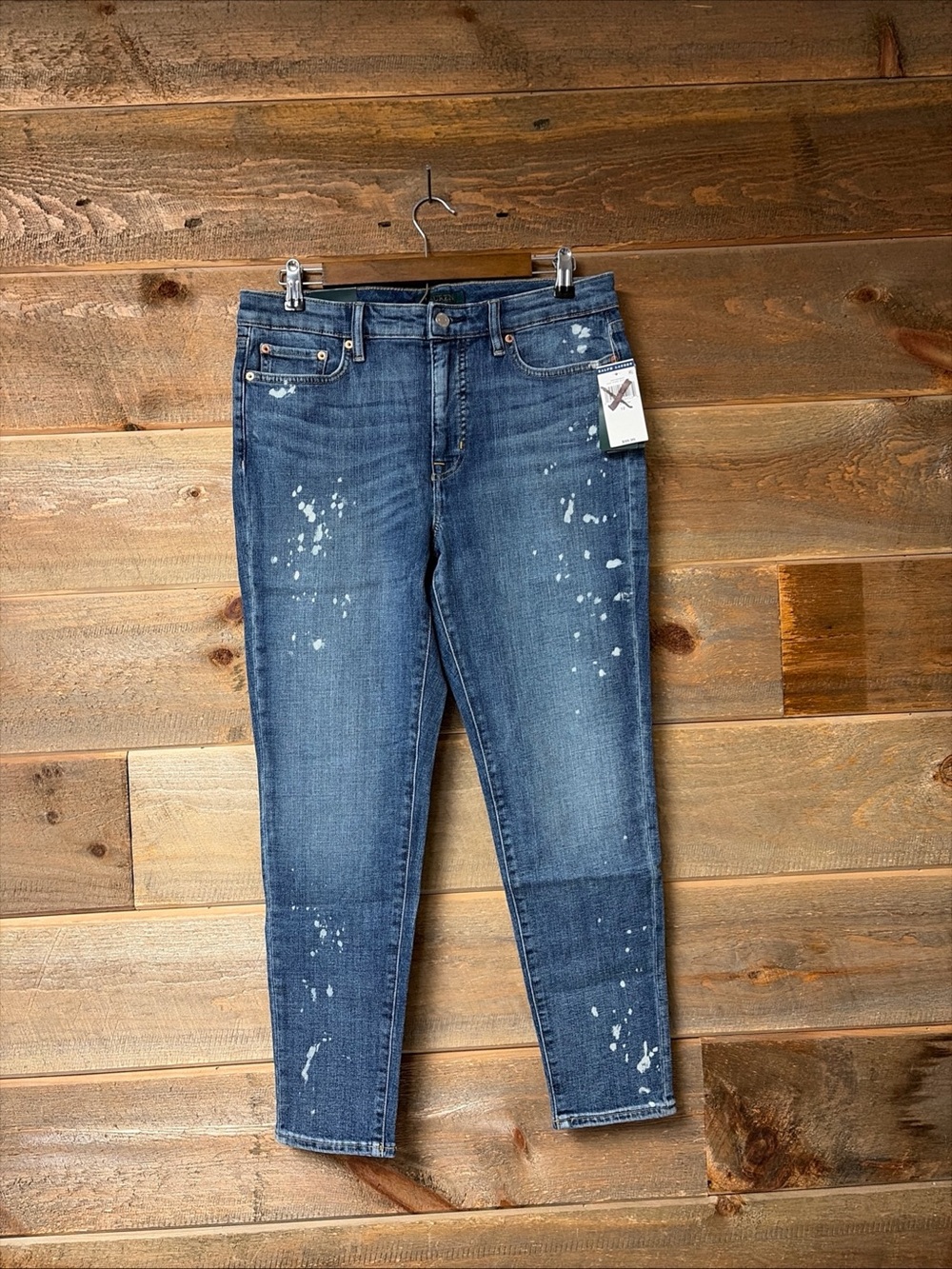Lauren Ralph Lauren Premier Skinny Ankle Jeans Paint Splatter Indigo Blue 12 NWT